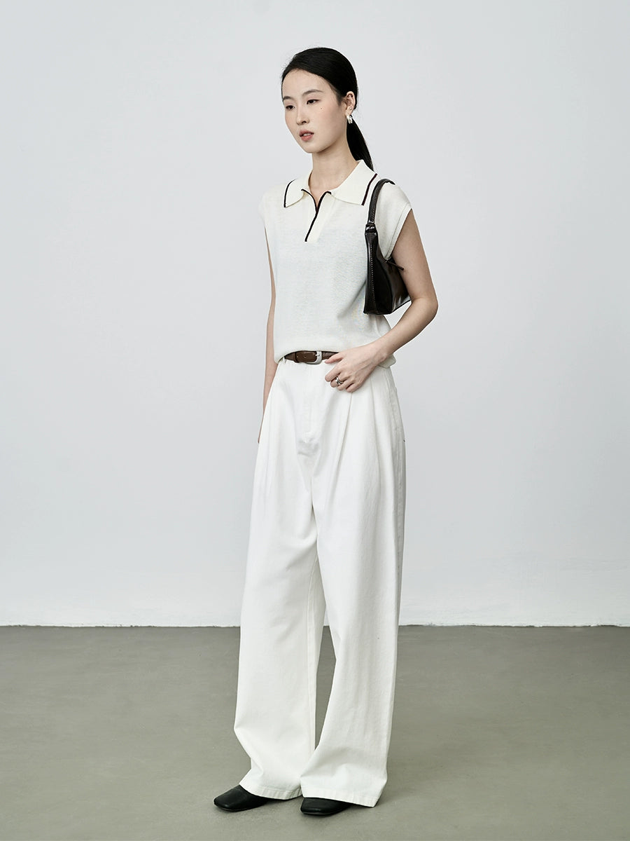 CAREMIND Chaleco tipo polo intelectual de color blanco albaricoque, chaleco elegante con temperamento, suéter de punto con solapa para mujer 