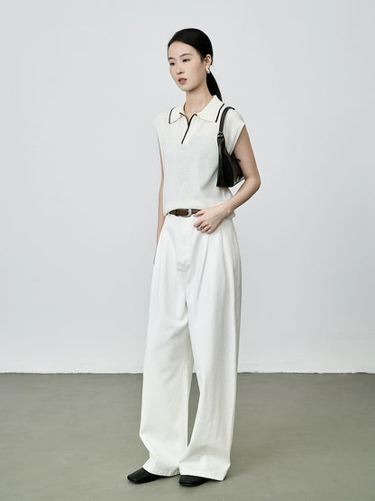 CAREMIND Chaleco tipo polo intelectual de color blanco albaricoque, chaleco elegante con temperamento, suéter de punto con solapa para mujer 