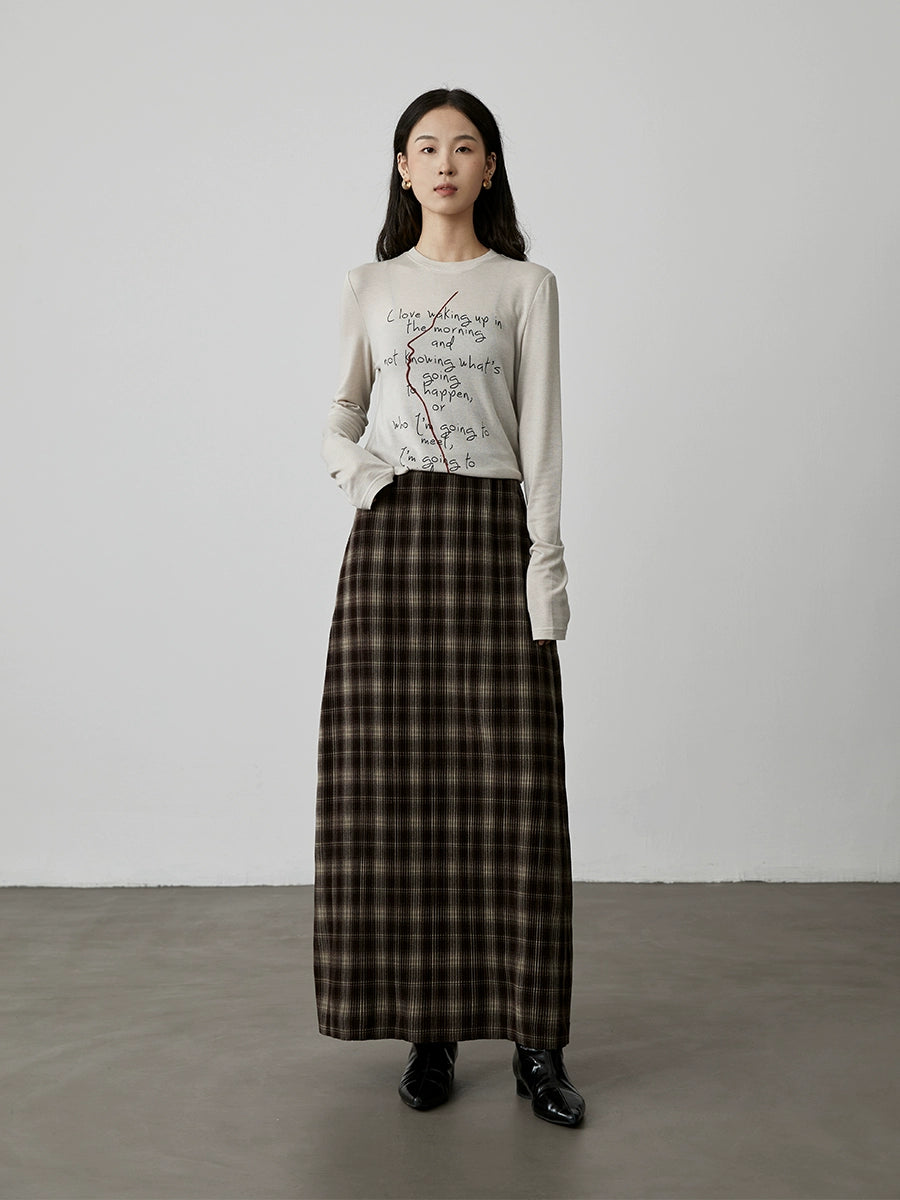 [Thinking T] CAREMIND Black Tencel Letter Printed Front Shoulder Long Sleeve T-Shirt Three-dimensional Art Sketch Top