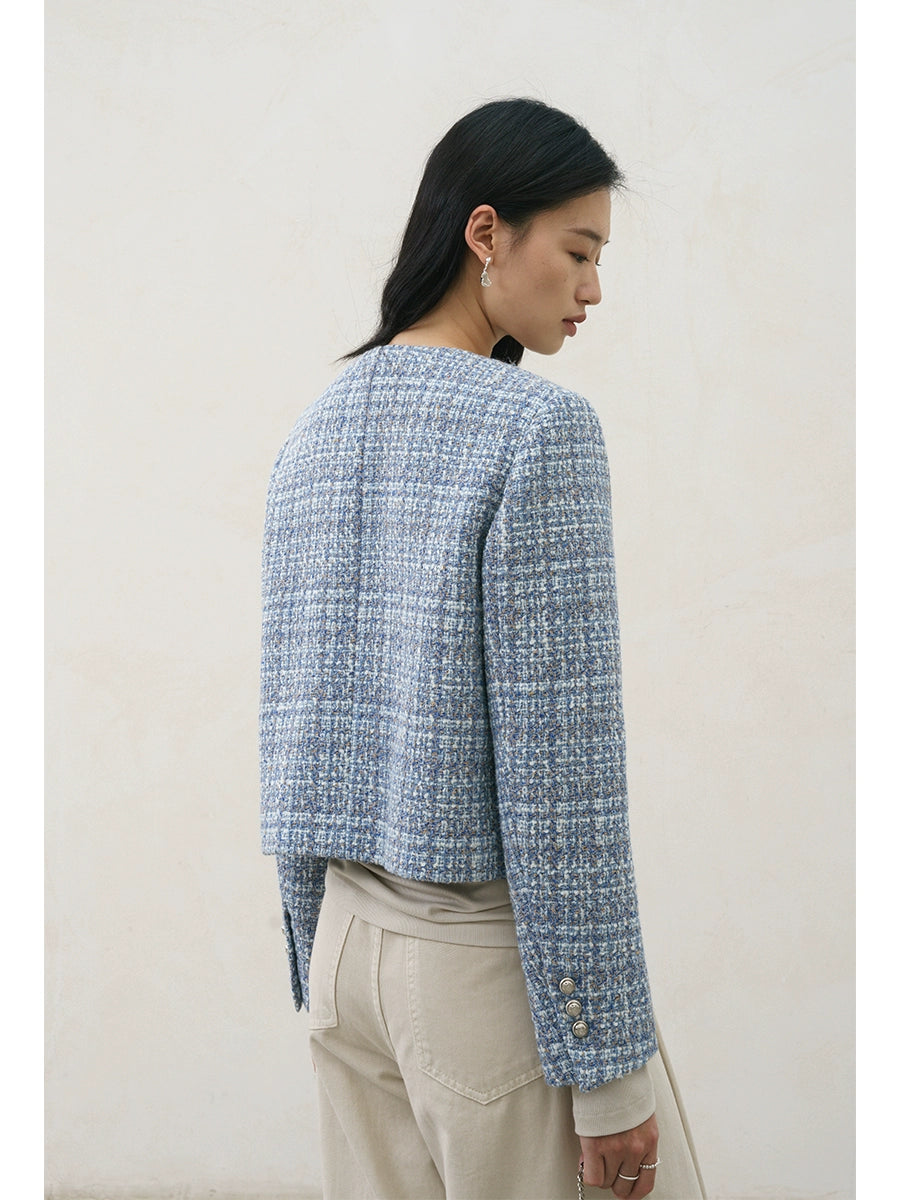 [Oferta especial por tiempo limitado] Chaqueta Xiaoxiangfeng azul de diseño original, otoño e invierno, top corto de tweed para desplazamientos 