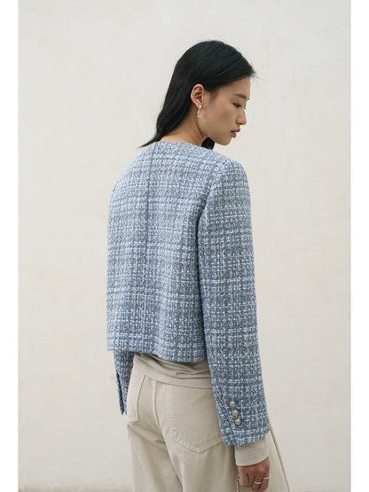 [Oferta especial por tiempo limitado] Chaqueta Xiaoxiangfeng azul de diseño original, otoño e invierno, top corto de tweed para desplazamientos 