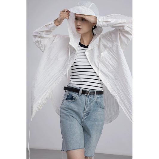 [Oferta por tiempo limitado] Chaqueta tipo cárdigan con capucha y cordón fino para mujer, holgada, a la moda, color blanco, con protección solar 
