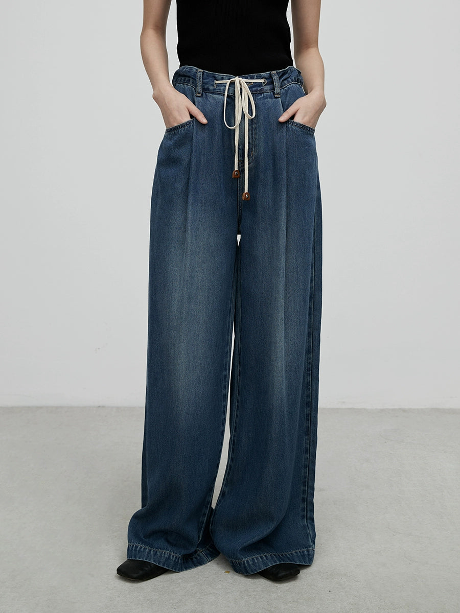 [Vaqueros claros] Pantalones vaqueros rectos de tencel cómodos y azules de CAREMIND, pantalones anchos y altos con fruncido 