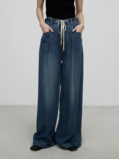 [Vaqueros claros] Pantalones vaqueros rectos de tencel cómodos y azules de CAREMIND, pantalones anchos y altos con fruncido 