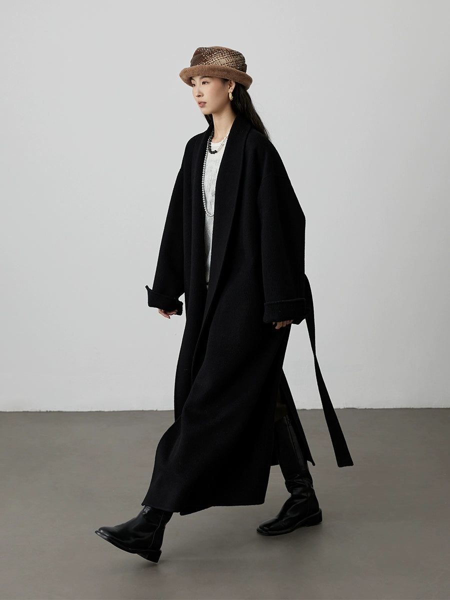 [Chelsea Hotel] Abrigo de lana pura con cuello de fruta verde CAREMIND, abrigo de silueta larga negro para mujer 