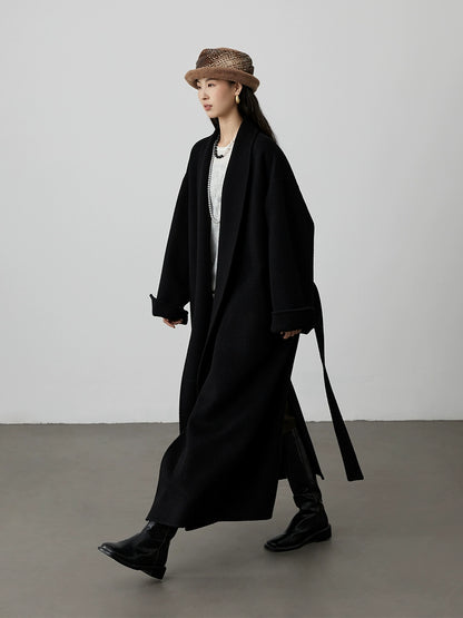 [Chelsea Hotel] Abrigo de lana pura con cuello de fruta verde CAREMIND, abrigo de silueta larga negro para mujer 