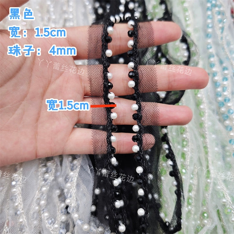 Cinta de encaje con diamantes de imitación de perlas de 1,5 cm de ancho, ideal para hacer puños, escotes, vestidos de novia, correas de hombro, accesorios para el cabello y sombreros.