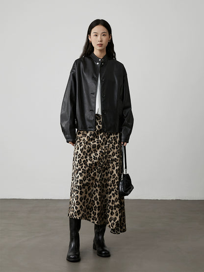 Falda con estampado de leopardo de estilo americano CAREMIND, falda larga con trazo oblicuo irregular y forma de A 