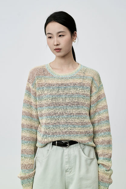 Suéter de punto suave con leche cerosa y macarrón de CAREMIND, jersey de rayas de manga larga suave y holgado 