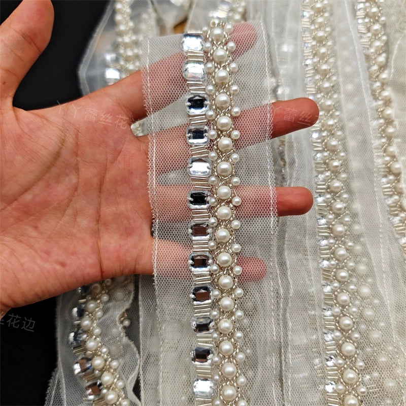 3678 Nueva malla blanca de perlas, cinta de encaje con cuentas hecha a mano, accesorios decorativos para boda Hanfu