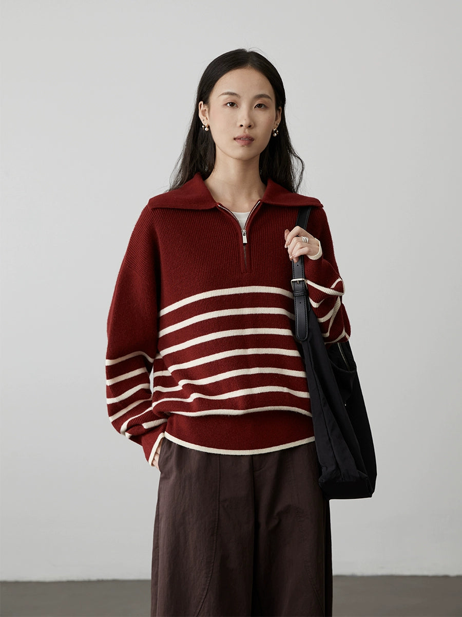 [Amigos] Suéter de solapa con rayas en contraste color caramelo de CAREMIND Suéter de punto holgado y holgado para primavera y otoño 