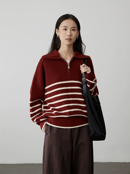 [Amigos] Suéter de solapa con rayas en contraste color caramelo de CAREMIND Suéter de punto holgado y holgado para primavera y otoño 