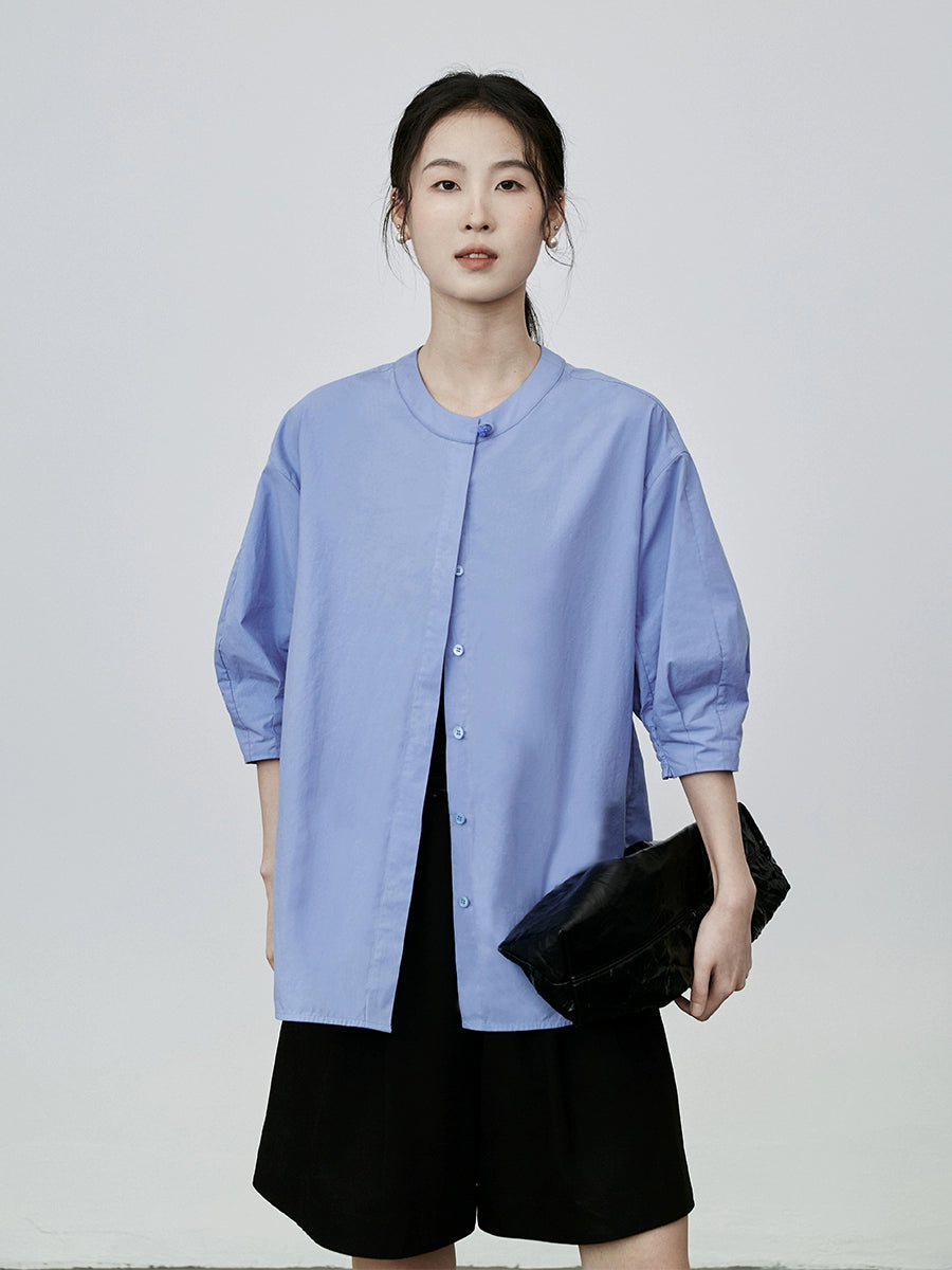 [Slow Daily] CAREMIND Premium New Chinese Neckline Button Shirt Temperament Pull Full Blue Versatile Shirt