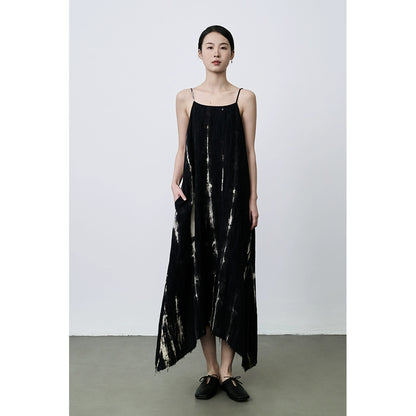 Vestido con tirantes de mezcla de lino y algodón de primera calidad en color negro de CAREMIND, vestido largo con falda tipo paraguas con péndulo grande irregular 