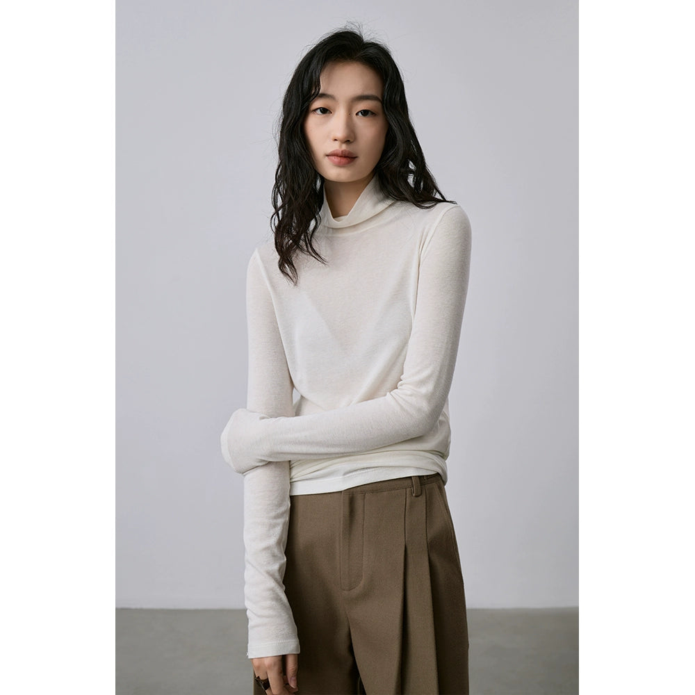 Camiseta de punto con cuello semialto apilado de tencel texturizado de CAREMIND Camiseta de manga larga apilada con cuello alto fino y ajustado 