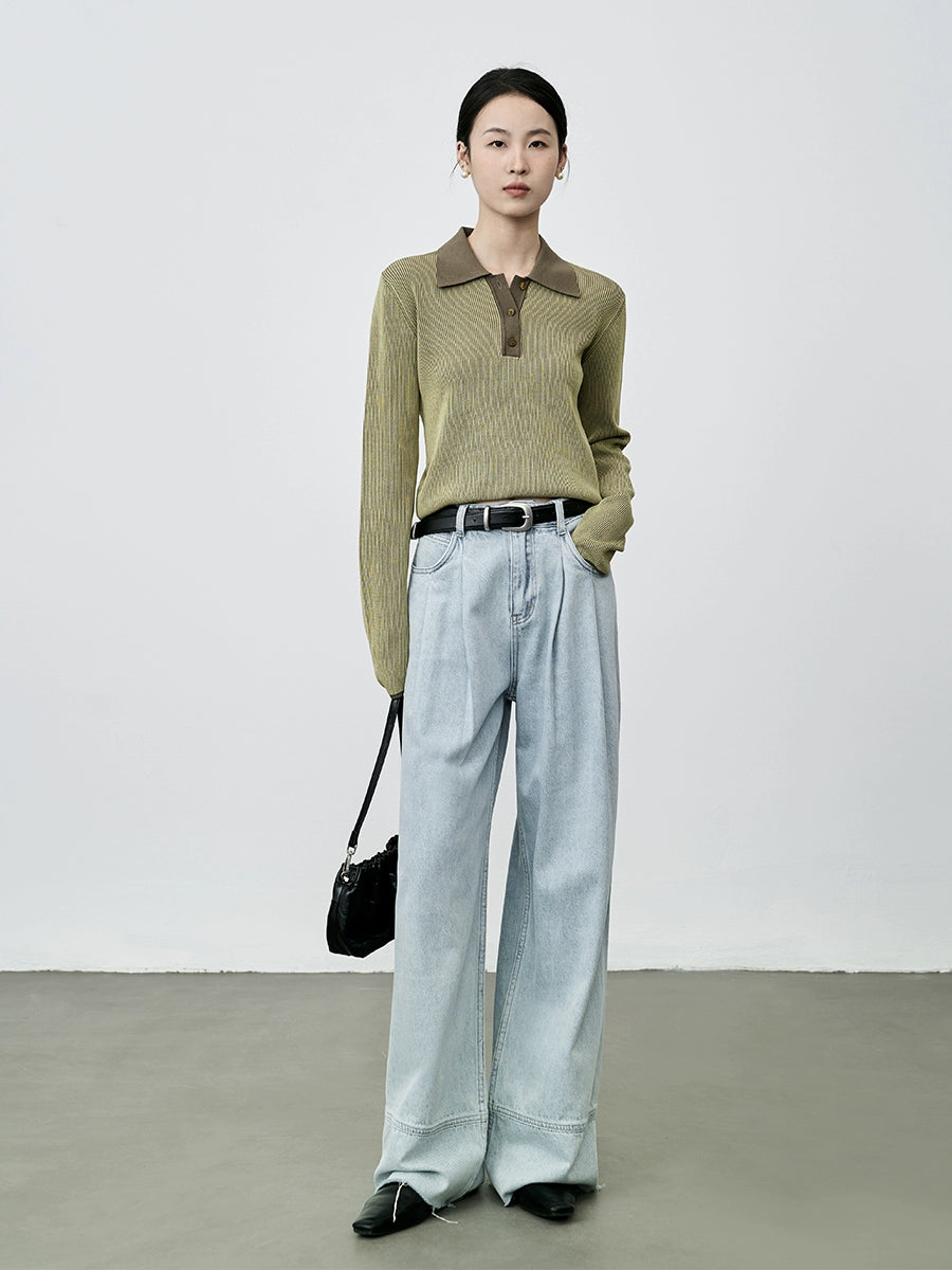 Suéter de punto tipo polo pequeño francés de alta costura CAREMIND con solapa en el hombro delantero en contraste 