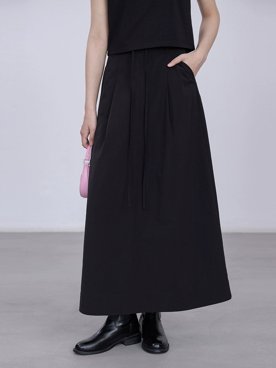 CAREMIND Falda plisada pequeña con cordón de cintura alta de color sólido para mujer, diseño de abertura, estilo simple, falda fina de palabra A, mediana y larga 