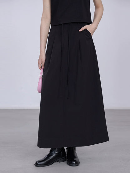 CAREMIND Falda plisada pequeña con cordón de cintura alta de color sólido para mujer, diseño de abertura, estilo simple, falda fina de palabra A, mediana y larga 