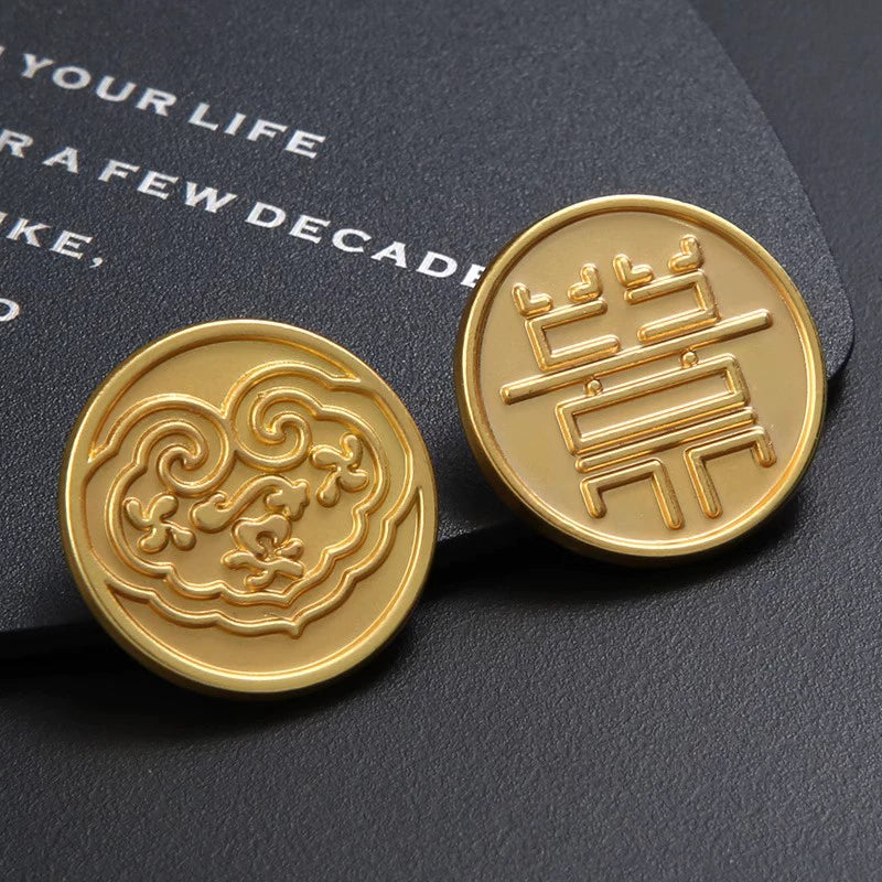 3260★  Chinese coin buckle gold happy character longevity cheongsam copper buckle Chinese vest Qing Dynasty coin button Ruyi cloud pattern gold