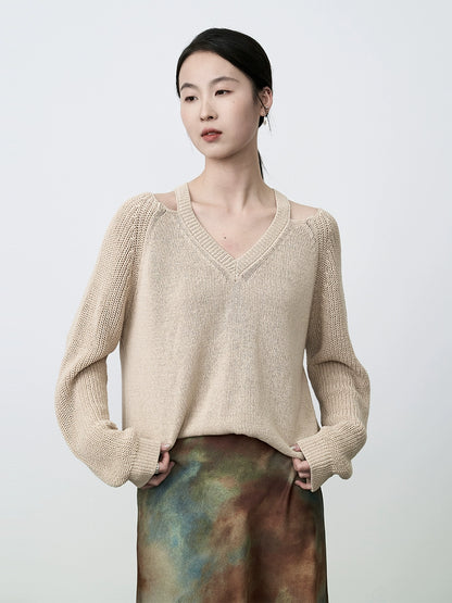 Suéter de punto con temperamento de clavícula y hombros ajustados de CAREMIND, top relajado y holgado para principios de primavera 