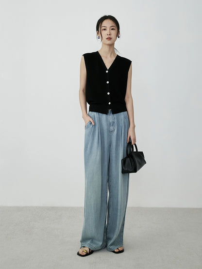 Pantalones vaqueros largos de verano de lyocell de primera calidad con pernera ancha y estrecha de CAREMIND en color azul vintage para mujer 