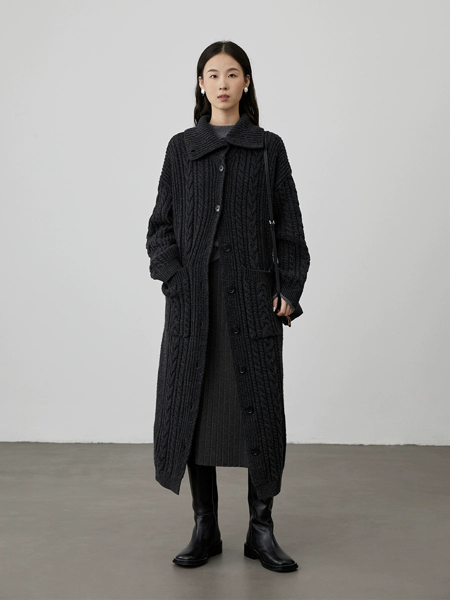 [Suéter de pan de agua alcalina] Chaqueta de suéter torcida de cuello alto coreana CAREMIND, abrigo largo de punto para mujer 