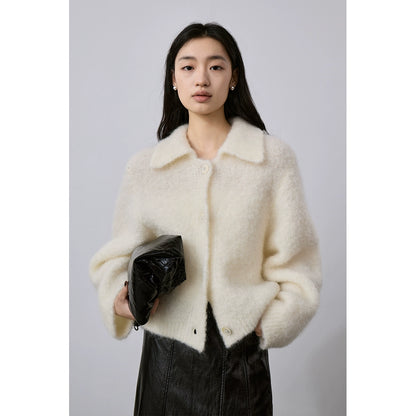 [Spécial à durée limitée] Veste pull en mohair doux et ciré, revers chaud, simple boutonnage, haut cardigan court couleur abricot riz