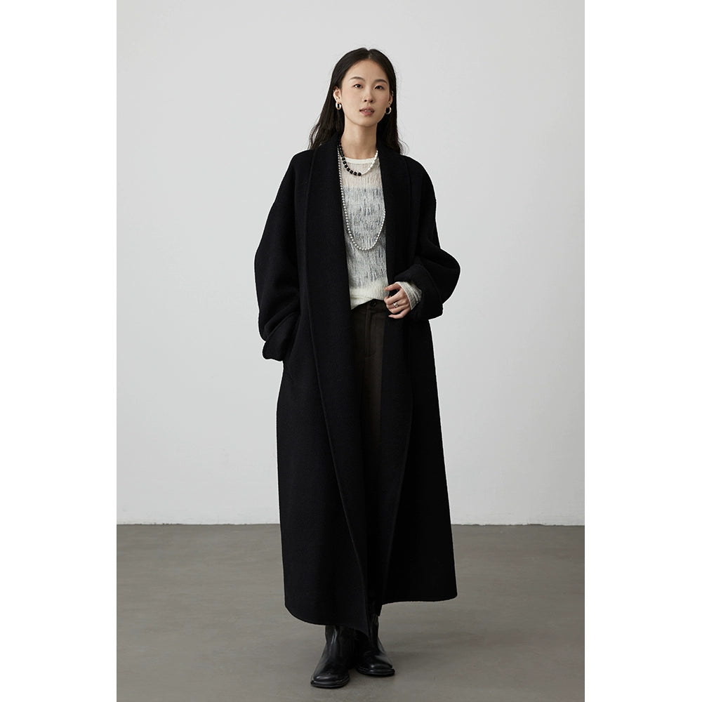 [Chelsea Hotel] Abrigo de lana pura con cuello de fruta verde CAREMIND, abrigo de silueta larga negro para mujer 