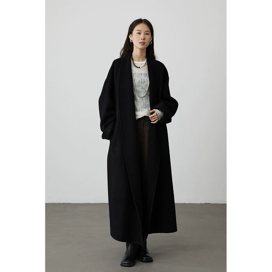 [Chelsea Hotel] Abrigo de lana pura con cuello de fruta verde CAREMIND, abrigo de silueta larga negro para mujer 