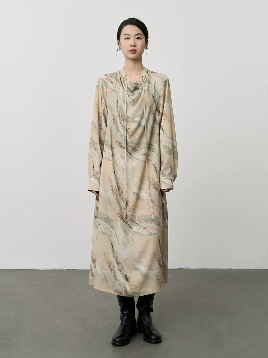 CAREMIND Nouvelle robe à manches longues et à lacets, motif peinture à l'encre de Chine, mi-longue et douce pour la peau, col pivotant