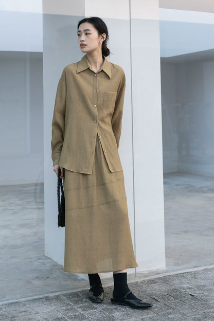 Conjunto de dos piezas de camisa de manga larga con colgante CAREMIND 24SS + falda en forma de A, sal de textura oscura 