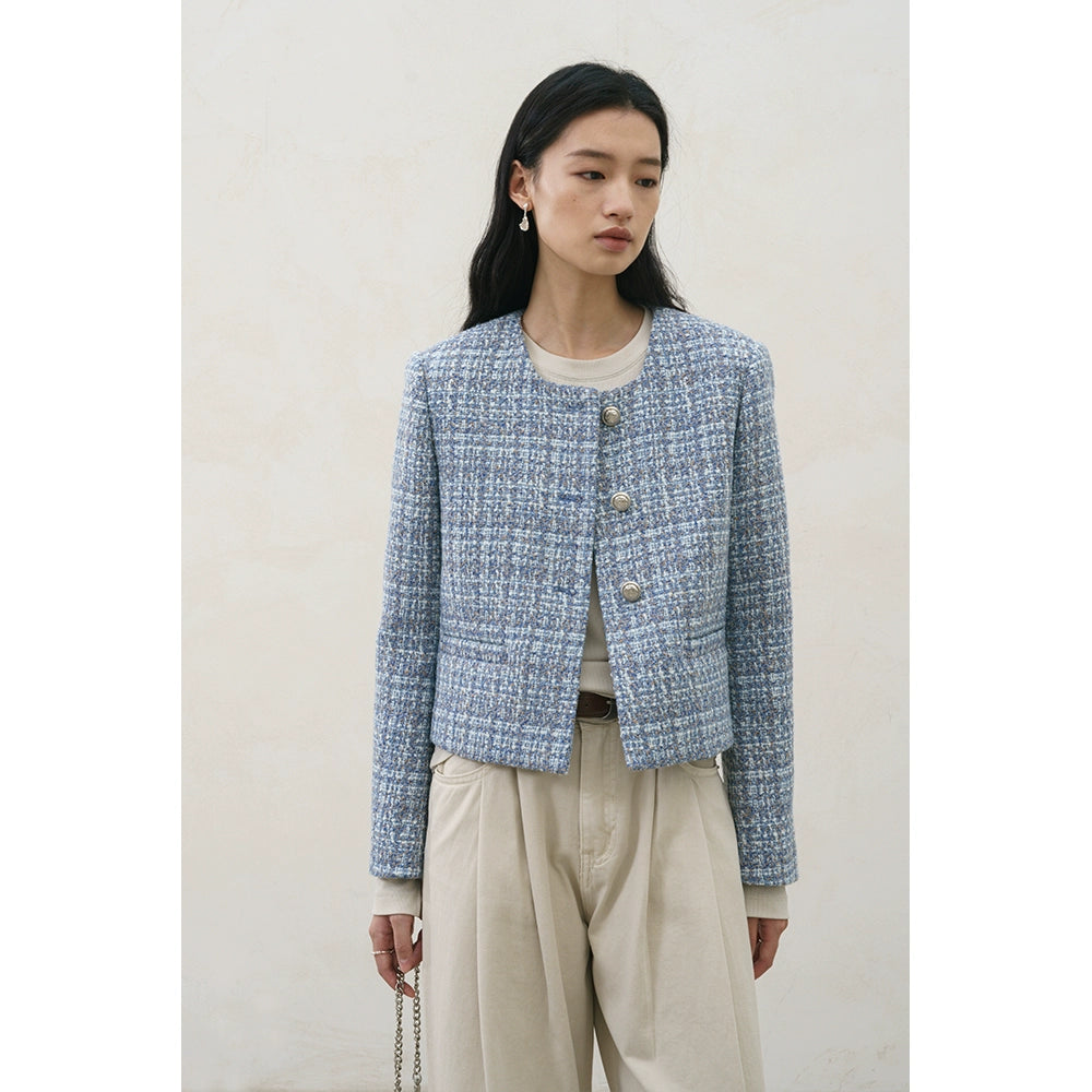 [Oferta especial por tiempo limitado] Chaqueta Xiaoxiangfeng azul de diseño original, otoño e invierno, top corto de tweed para desplazamientos 