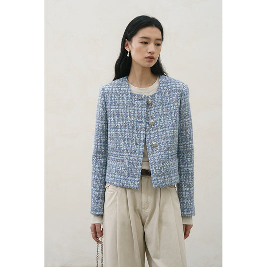 [Oferta especial por tiempo limitado] Chaqueta Xiaoxiangfeng azul de diseño original, otoño e invierno, top corto de tweed para desplazamientos 