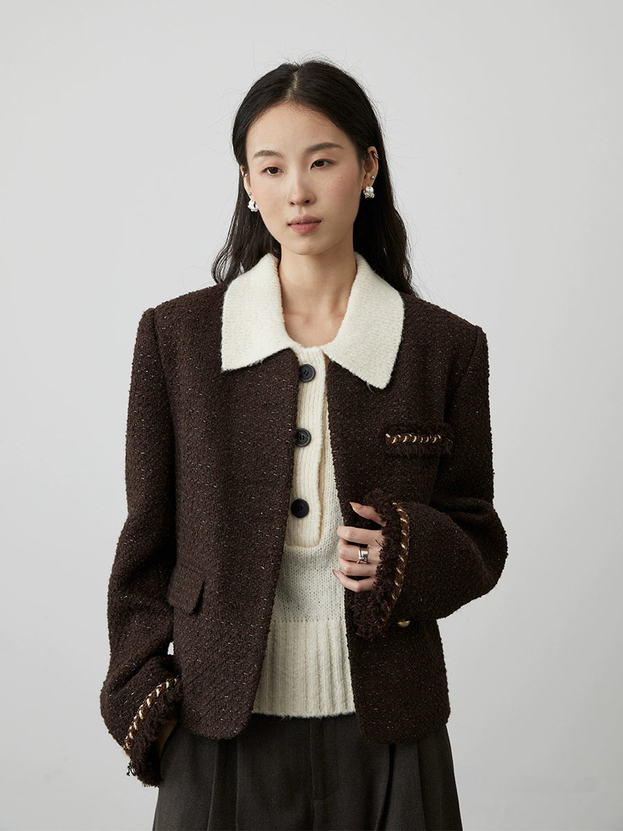 [Ebony streamer] Chaqueta corta tejida sin cuello de color marrón café de primera calidad para otoño e invierno de CAREMIND, temperamento, top pequeño y fragante 