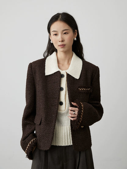 [Ebony streamer] Chaqueta corta tejida sin cuello de color marrón café de primera calidad para otoño e invierno de CAREMIND, temperamento, top pequeño y fragante 