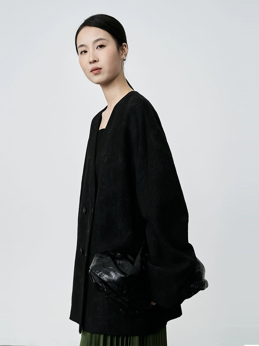 CAREMIND, elegante traje negro sin cuello, diseño chino, estampado oscuro, jacquard, exquisito abrigo para mujer 