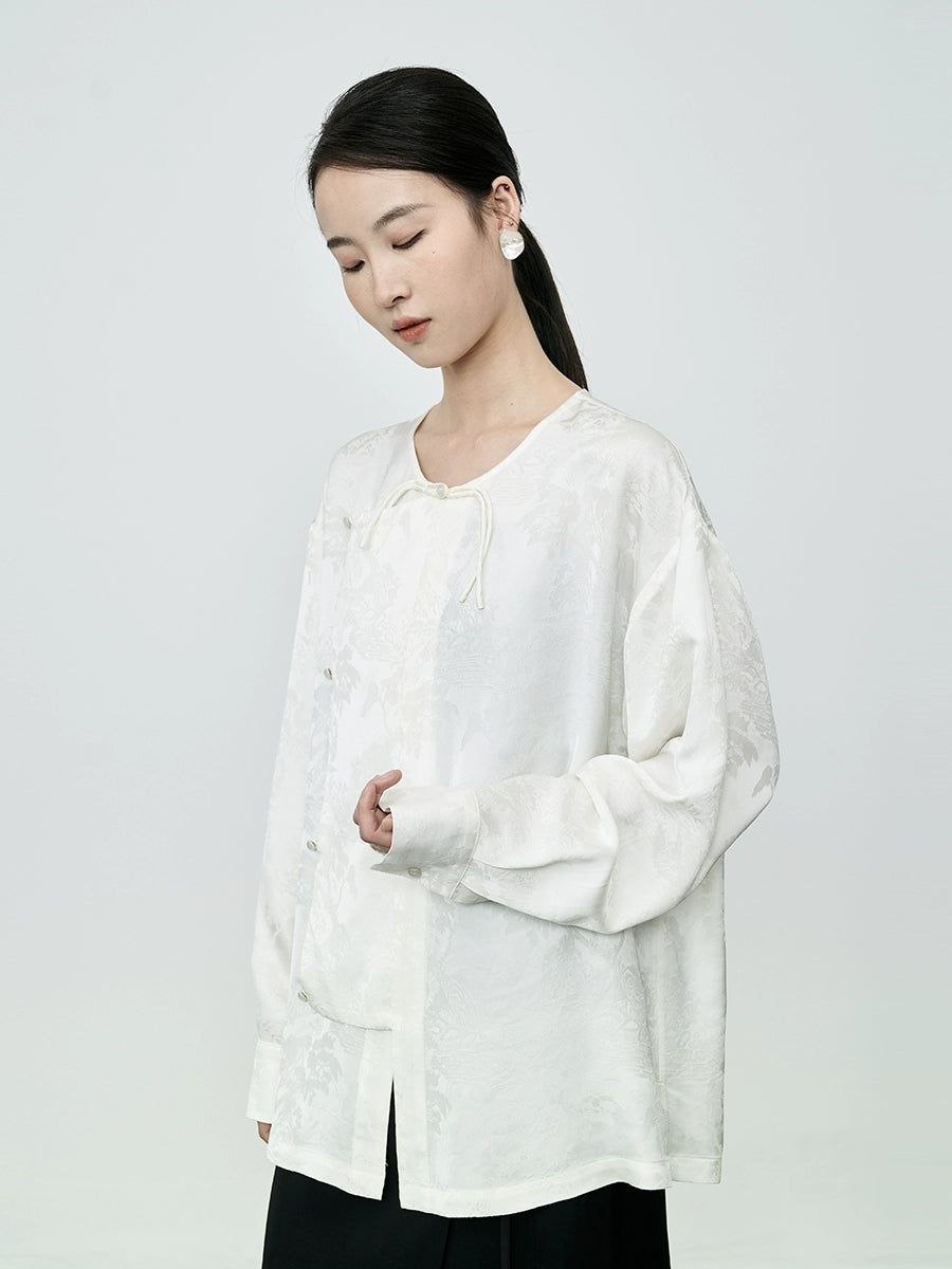 Camisa de manga larga con botones y tapeta diagonal en jacquard de color albaricoque de CAREMIND, estilo nacional de primera calidad, de satén 