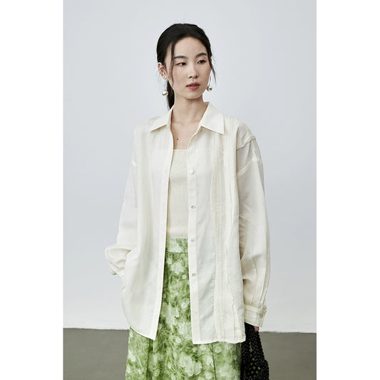 Camisa de tencel con protección solar color albaricoque de CAREMIND, chaqueta elegante con bordados, camisa holgada para ir al trabajo 