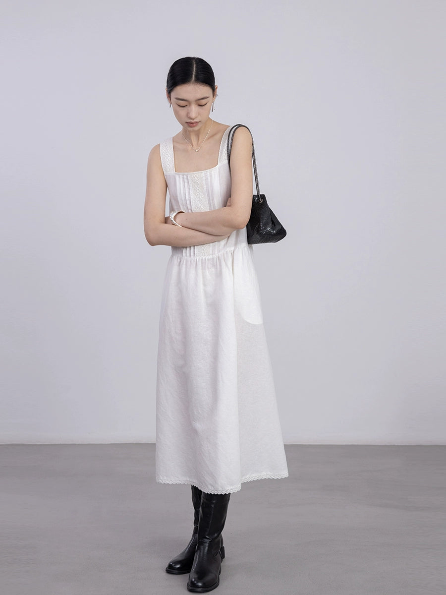 [Oferta por tiempo limitado] Vestido de encaje literario romántico blanco Nuevo vestido de jacquard con escote cuadrado Vestido mediano y largo 