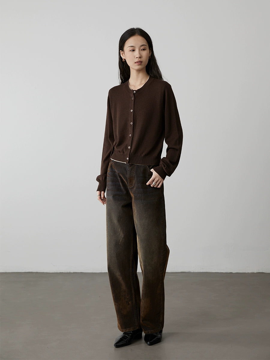 [Sea Salt Mocha] Chaqueta tipo cárdigan de punto de lana CAREMIND, cuello redondo, temperamento, top fino falso de dos piezas 