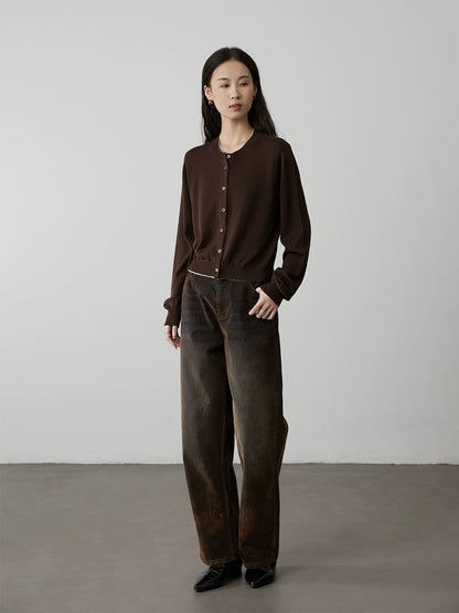 [Sea Salt Mocha] Chaqueta tipo cárdigan de punto de lana CAREMIND, cuello redondo, temperamento, top fino falso de dos piezas 