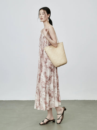 CAREMIND Vestido con tirantes y hombros descubiertos para vacaciones en la playa 2024 nueva falda fina plisada con cuello en V 