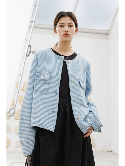 [Offre spéciale à durée limitée] Veste courte de luxe légère Xiaoxiangfeng haut de gamme bleu col rond skinny à porter à l'extérieur