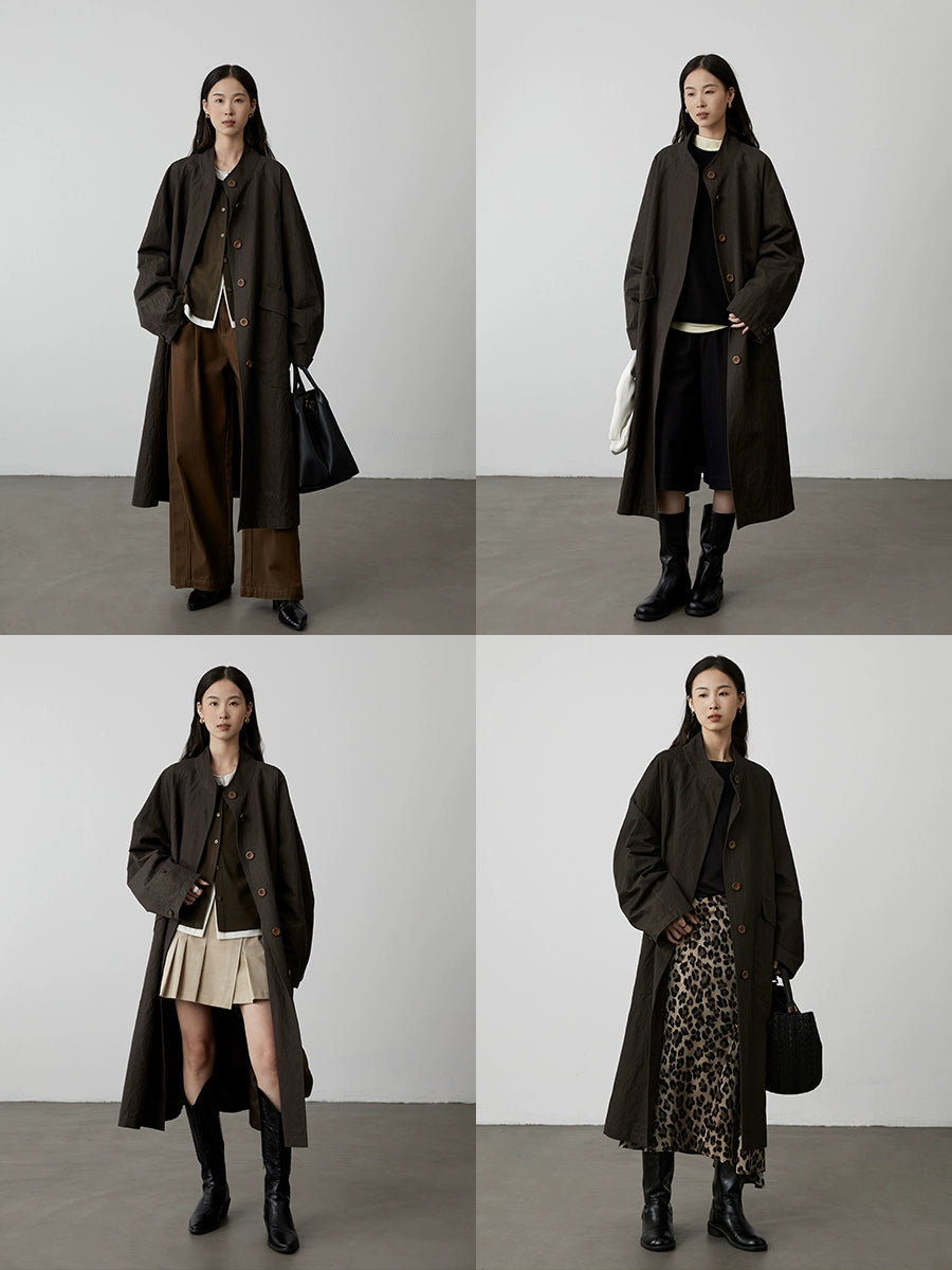 [Urban Shepherd Tour] CAREMIND Chic Denim Green Collarless Windbreaker Jacket Medium and Long Temperament Coat
