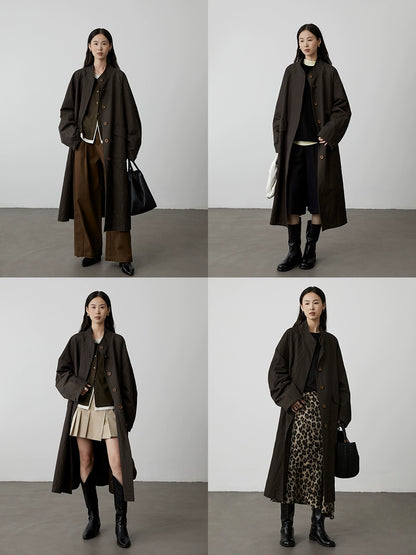 [Urban Shepherd Tour] CAREMIND Chic Denim Green Collarless Windbreaker Jacket Medium and Long Temperament Coat