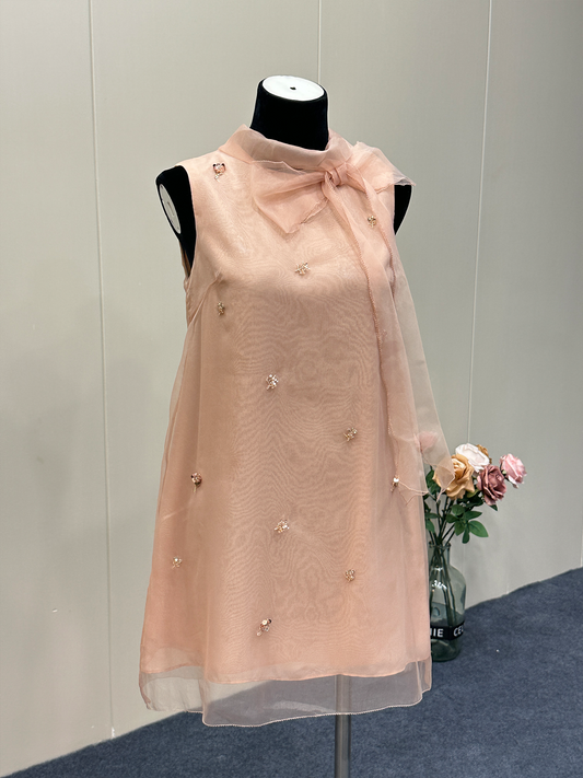 8015★  New French romantic atmosphere Eugen yarn handmade beaded light pink white dress women