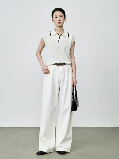 CAREMIND Chaleco tipo polo intelectual de color blanco albaricoque, chaleco elegante con temperamento, suéter de punto con solapa para mujer 