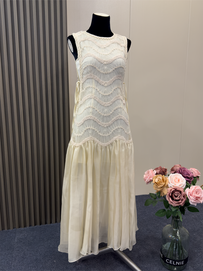 8028★  Casual vacation romantic quicksand skirt high-end lace fairy skirt pearlescent sleeveless dress woman