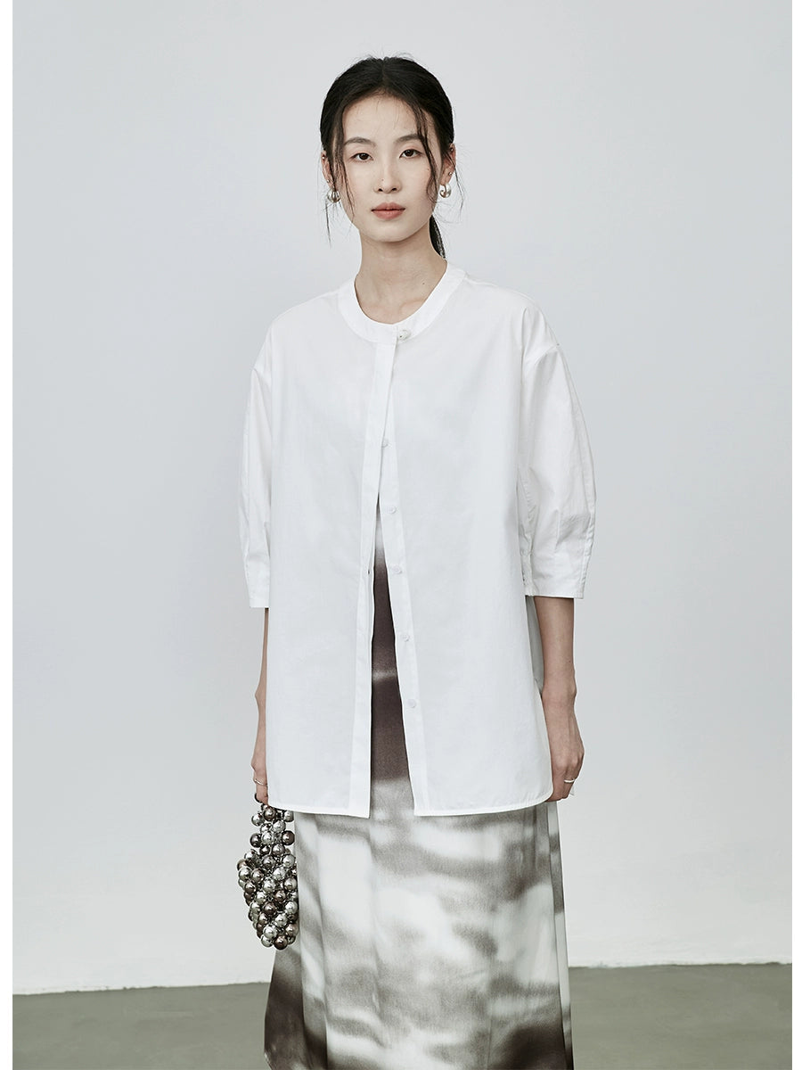 CAREMIND Nouvelle chemise boutonnée élégante chinoise couleur unie automne nouveau design haut à manches moyennes chemise de banlieue