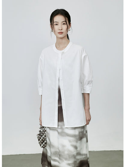 CAREMIND Nouvelle chemise boutonnée élégante chinoise couleur unie automne nouveau design haut à manches moyennes chemise de banlieue